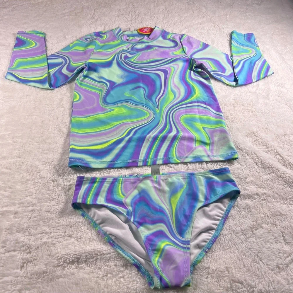 The Childrens Place Girls Rash Guard Swimsuit Set Tie‎ Dye Large 10 12 NWT